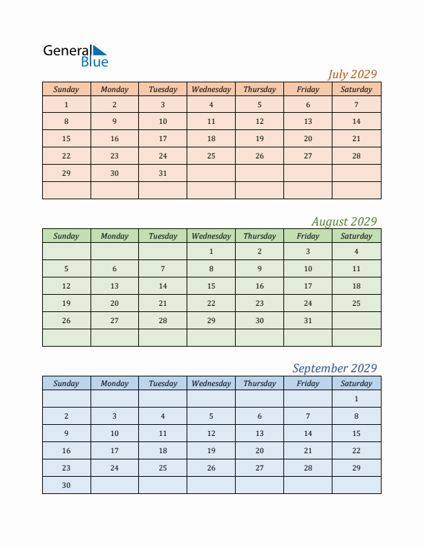 Three-Month Calendar for Year 2029 (July, August, and September)