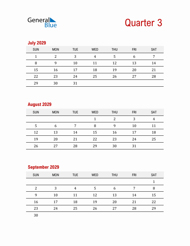 Three-Month Printable Calendar 2029