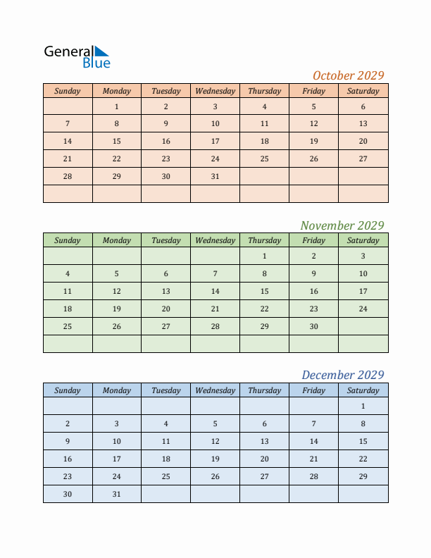 Three-Month Calendar for Year 2029 (October, November, and December)