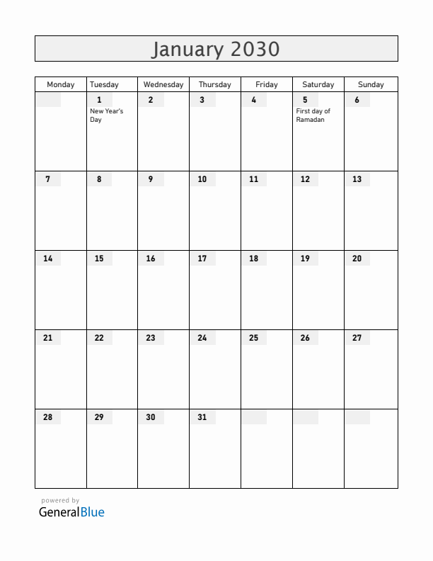 United Arab Emirates January 2030 Calendar with Holidays