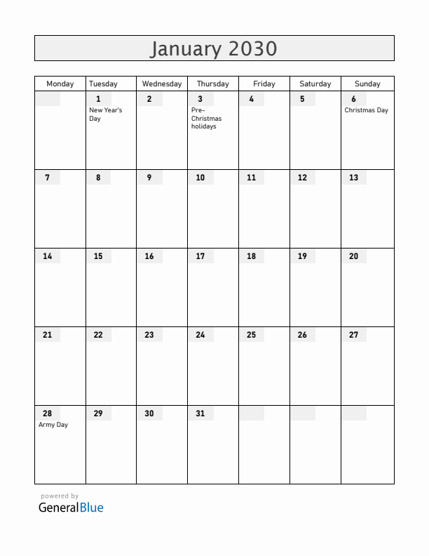 Armenia January 2030 Calendar with Holidays
