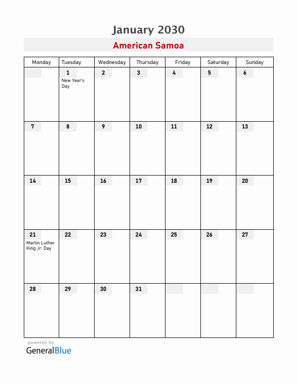 American Samoa January 2030 Calendar with Holidays