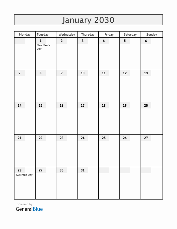 Australia January 2030 Calendar with Holidays