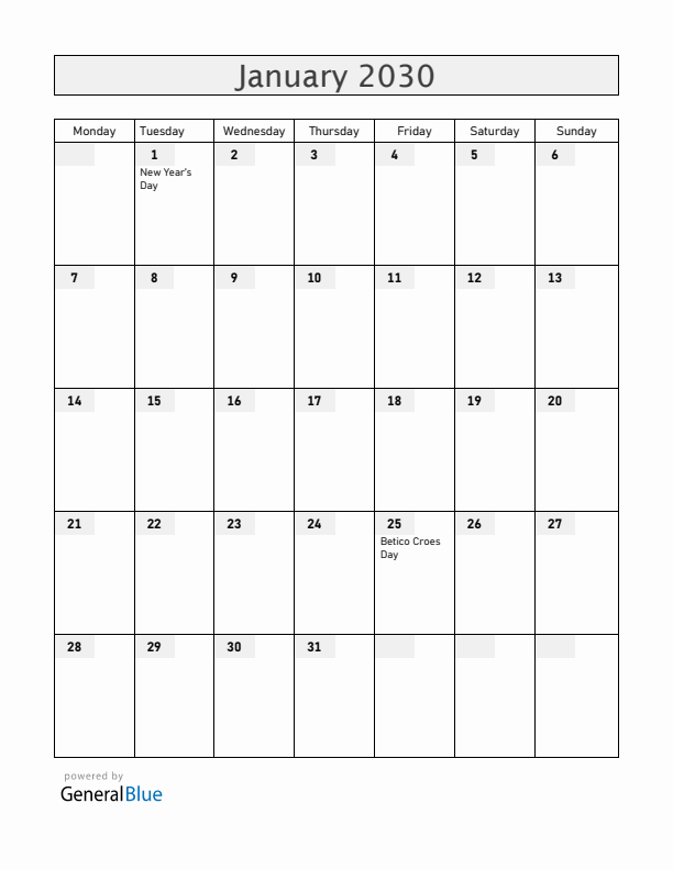 Aruba January 2030 Calendar with Holidays