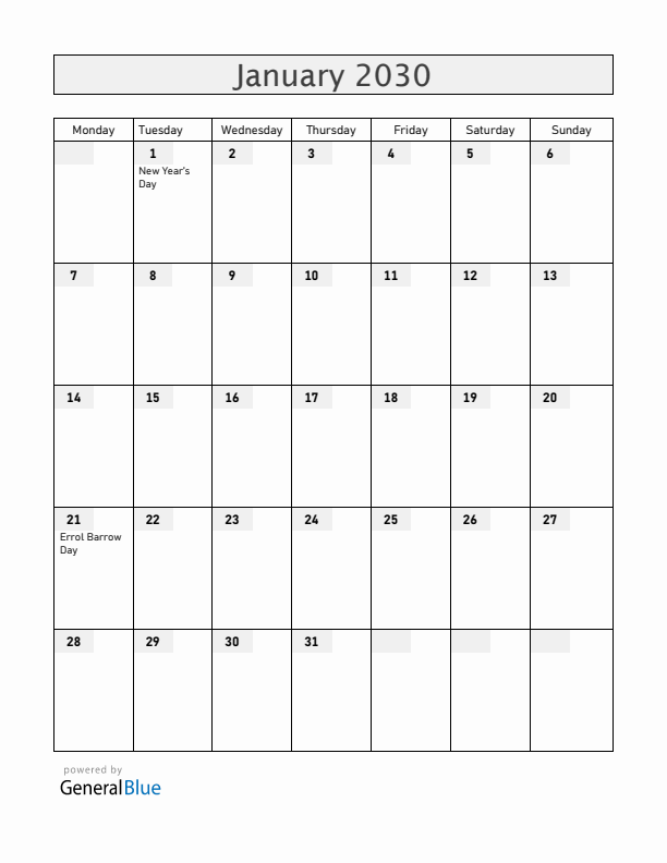 Barbados January 2030 Calendar with Holidays