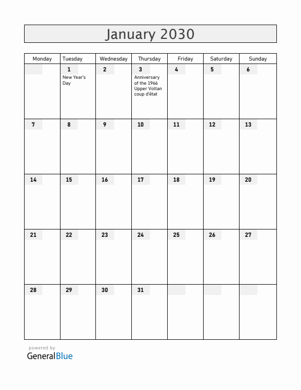 Burkina Faso January 2030 Calendar with Holidays