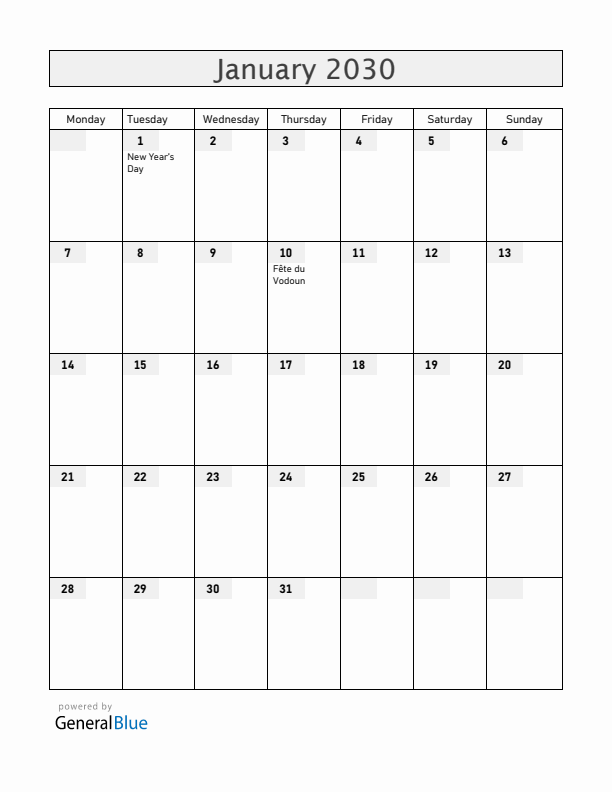 Benin January 2030 Calendar with Holidays