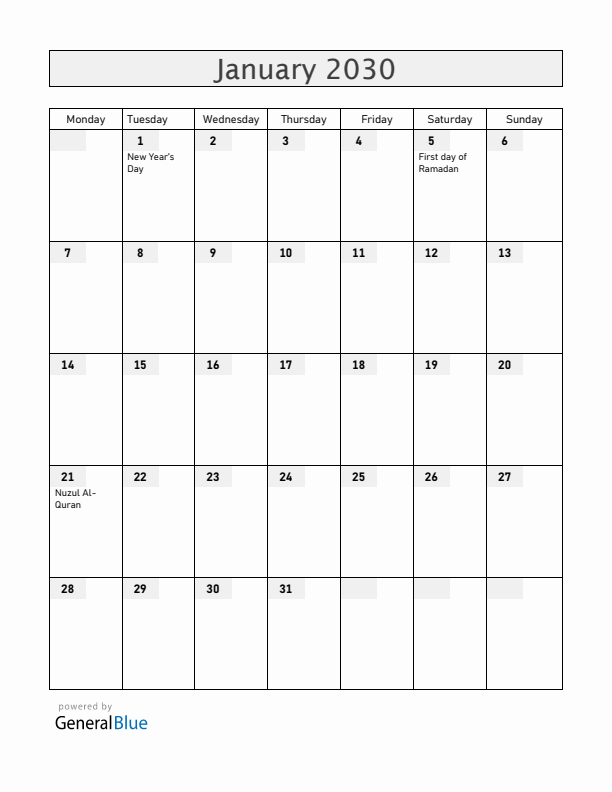 Brunei January 2030 Calendar with Holidays