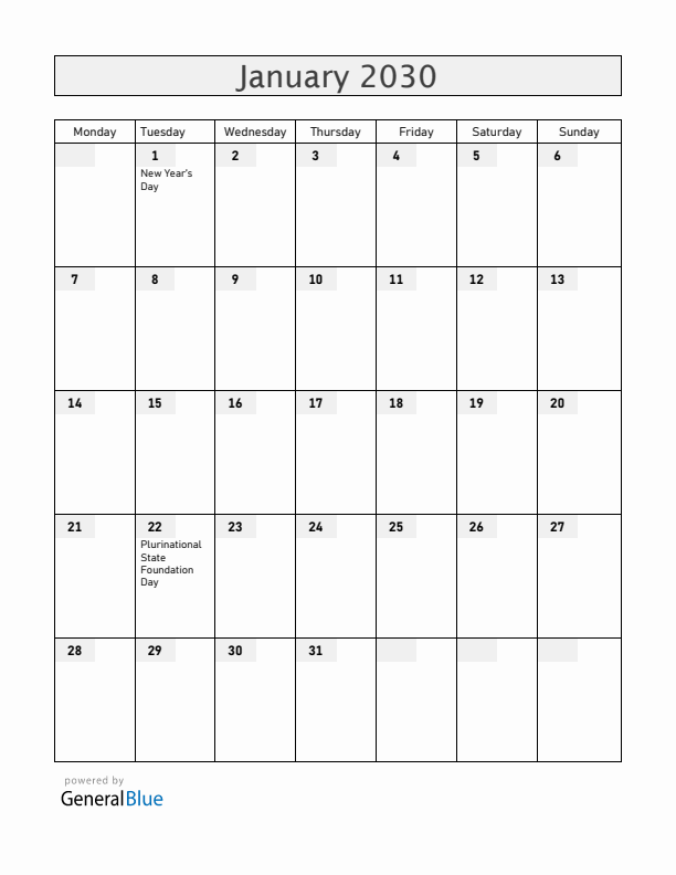 Bolivia January 2030 Calendar with Holidays
