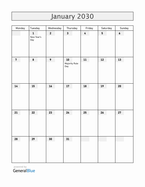 Bahamas January 2030 Calendar with Holidays