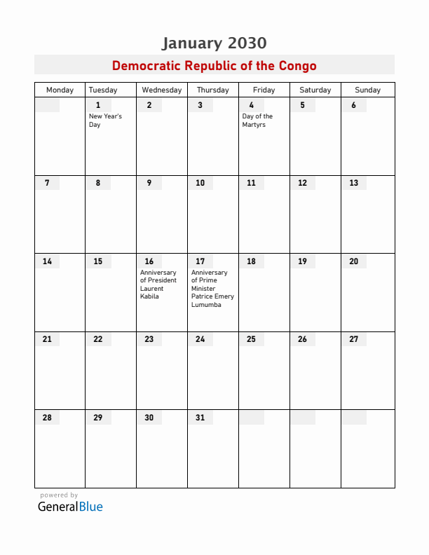 Democratic Republic of the Congo January 2030 Calendar with Holidays