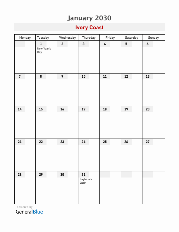 Ivory Coast January 2030 Calendar with Holidays