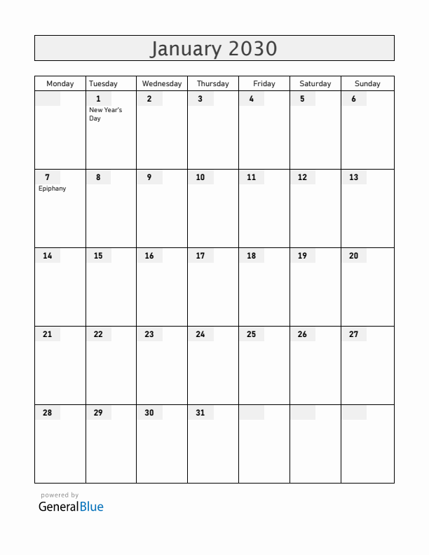 Colombia January 2030 Calendar with Holidays