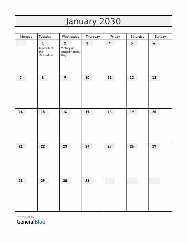 Cuba January 2030 Calendar with Holidays