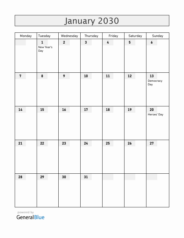 Cabo Verde January 2030 Calendar with Holidays