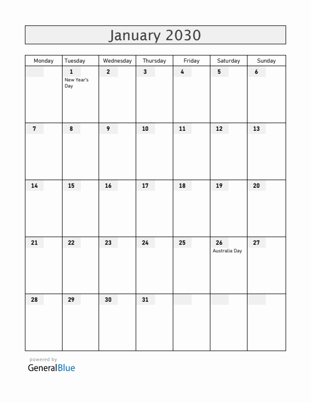 Christmas Island January 2030 Calendar with Holidays