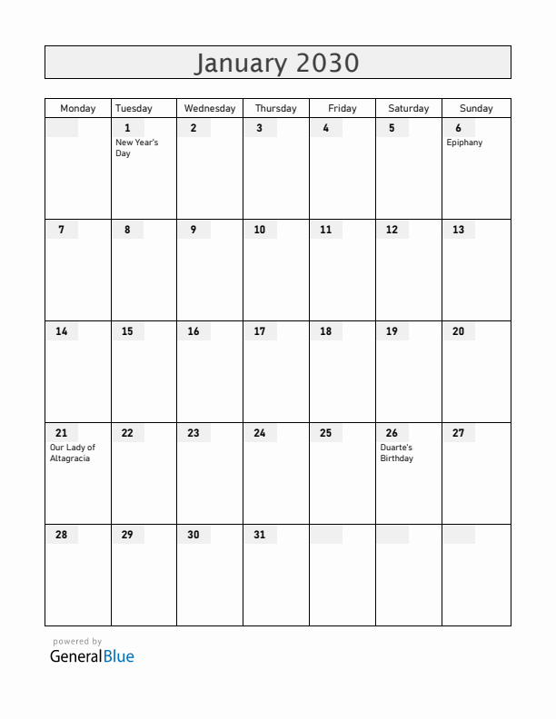 Dominican Republic January 2030 Calendar with Holidays
