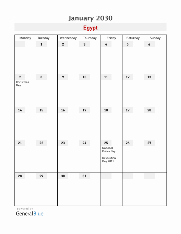 Egypt January 2030 Calendar with Holidays