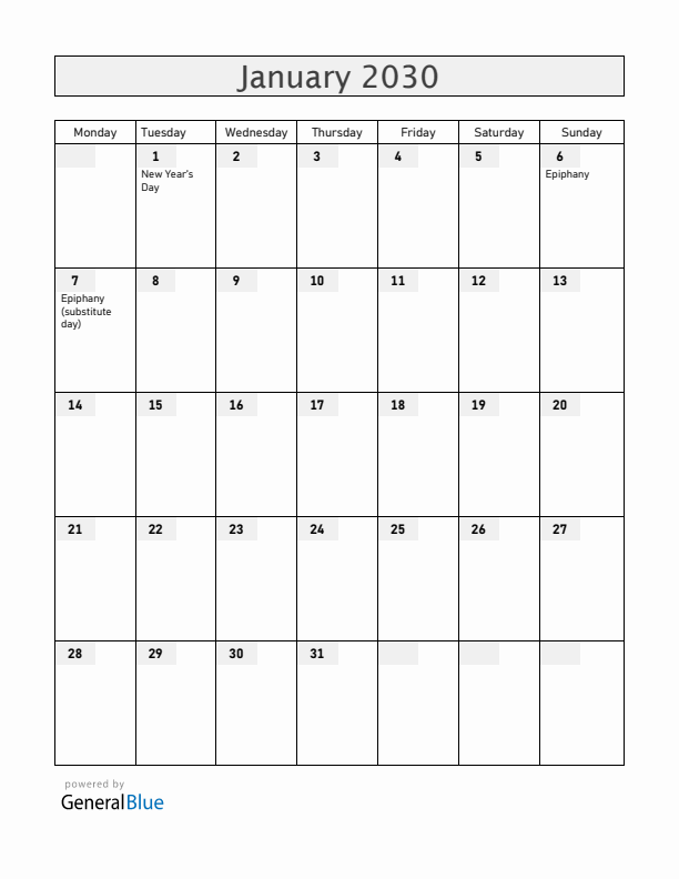 Spain January 2030 Calendar with Holidays