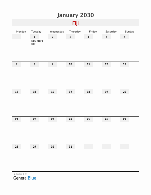 Fiji January 2030 Calendar with Holidays