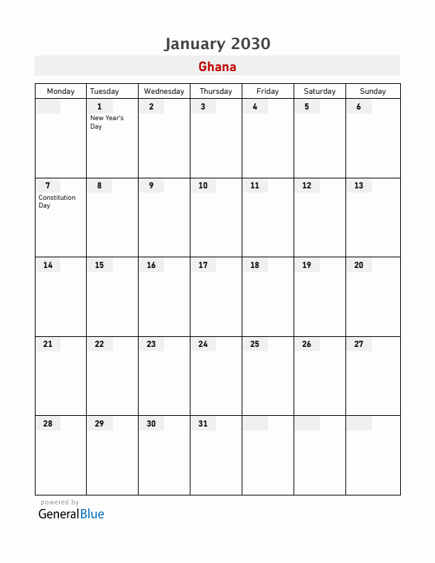 Ghana January 2030 Calendar with Holidays
