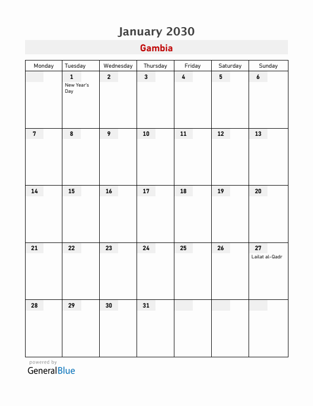Gambia January 2030 Calendar with Holidays