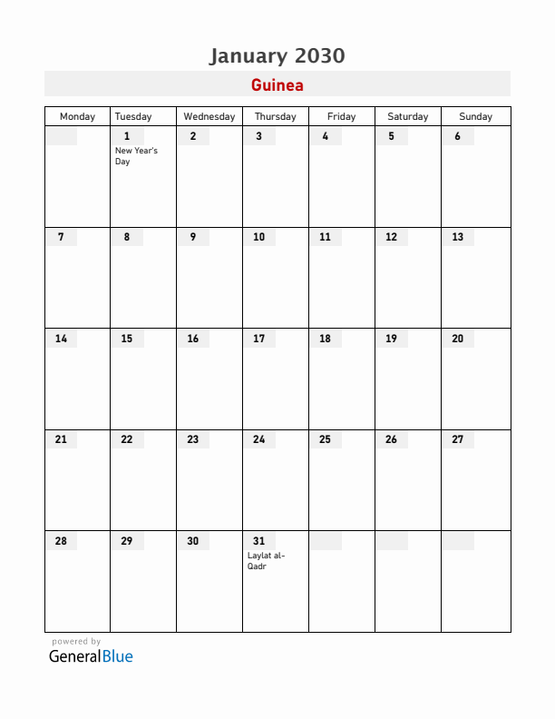 Guinea January 2030 Calendar with Holidays