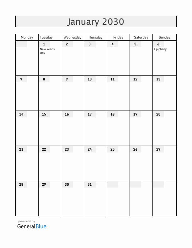 Greece January 2030 Calendar with Holidays