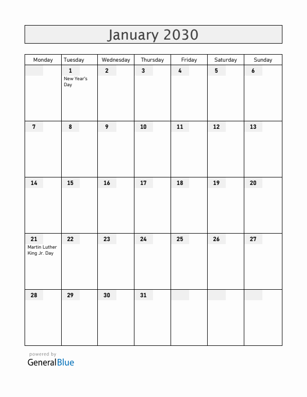 Guam January 2030 Calendar with Holidays
