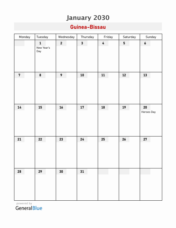 Guinea-Bissau January 2030 Calendar with Holidays