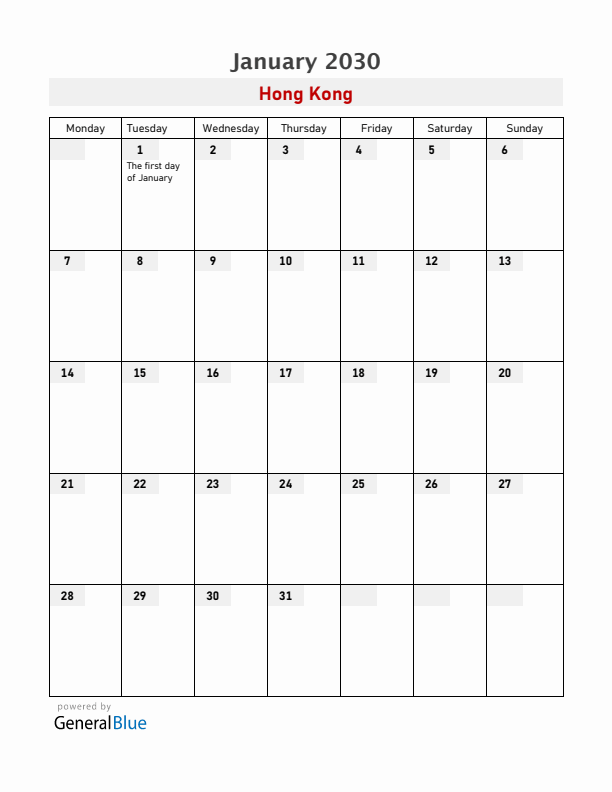 Hong Kong January 2030 Calendar with Holidays