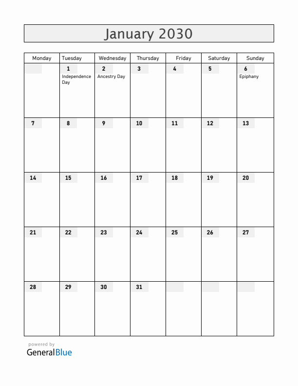 Haiti January 2030 Calendar with Holidays