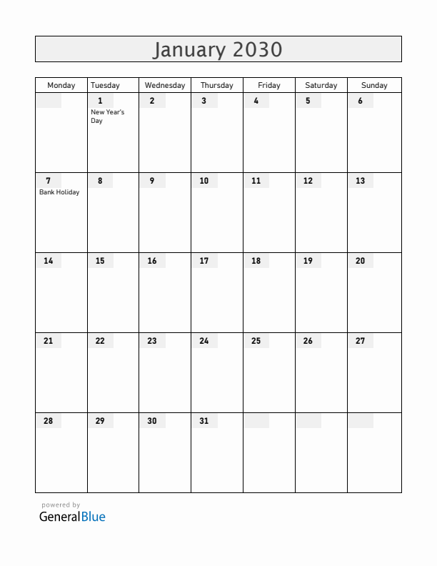 Ireland January 2030 Calendar with Holidays