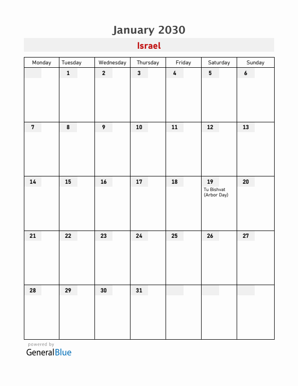 Israel January 2030 Calendar with Holidays
