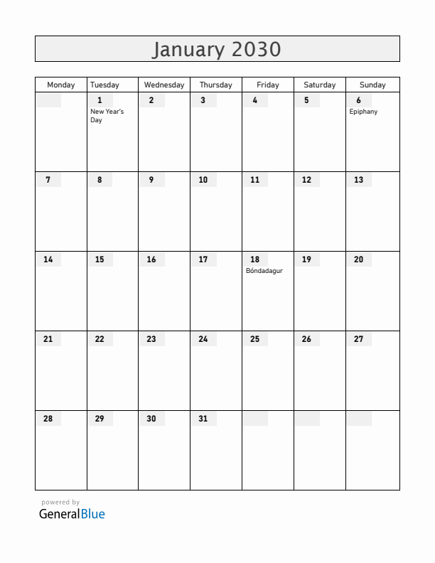 Iceland January 2030 Calendar with Holidays