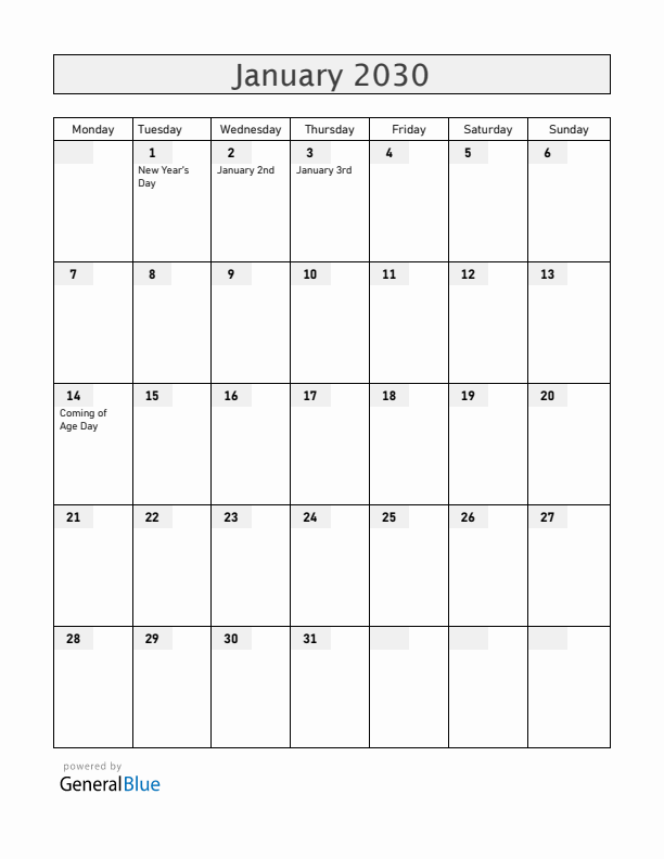 Japan January 2030 Calendar with Holidays