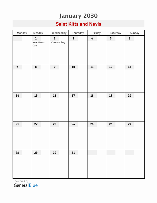 Saint Kitts and Nevis January 2030 Calendar with Holidays