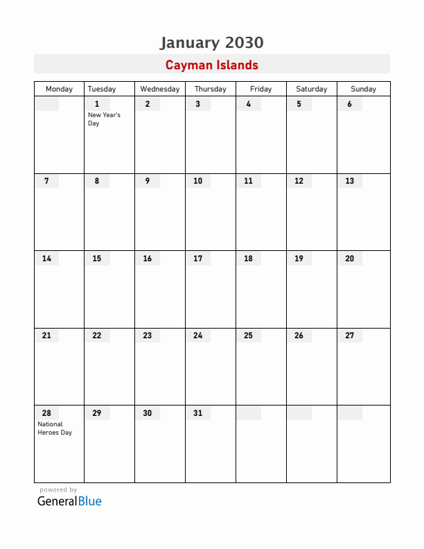 Cayman Islands January 2030 Calendar with Holidays