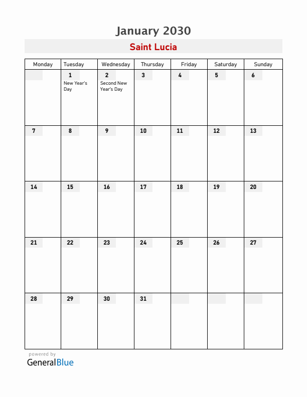 Saint Lucia January 2030 Calendar with Holidays