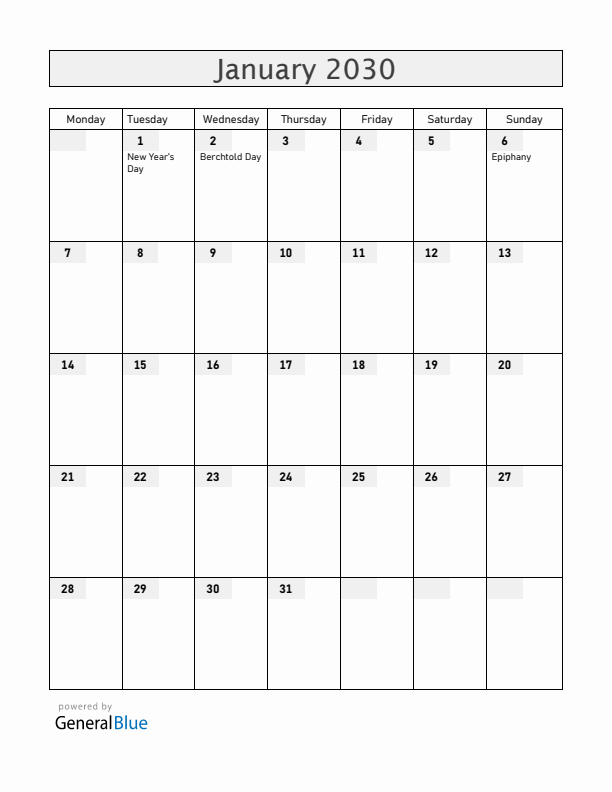 Liechtenstein January 2030 Calendar with Holidays