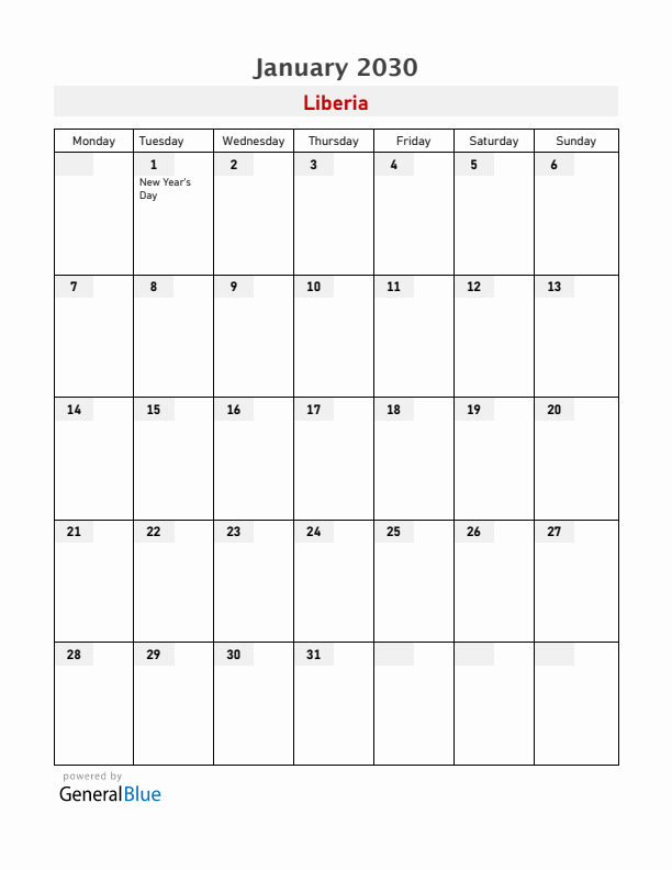 Liberia January 2030 Calendar with Holidays