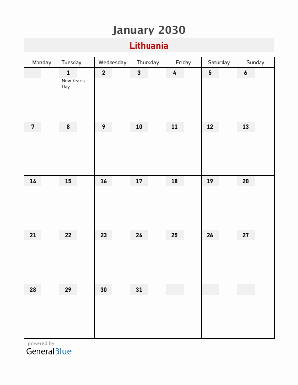 Lithuania January 2030 Calendar with Holidays