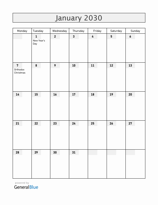 Moldova January 2030 Calendar with Holidays