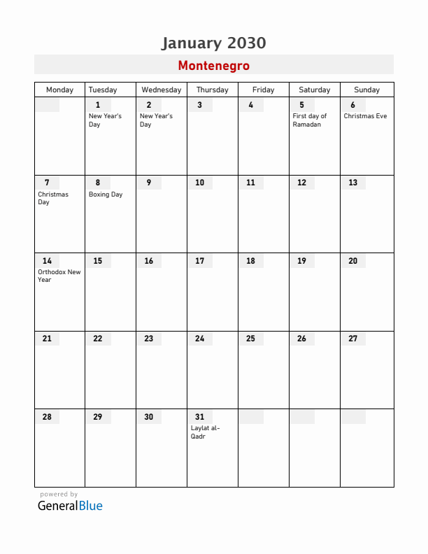 Montenegro January 2030 Calendar with Holidays