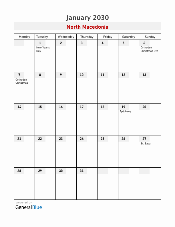 North Macedonia January 2030 Calendar with Holidays