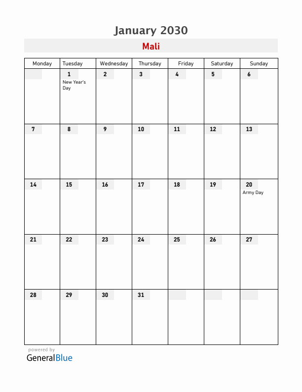 Mali January 2030 Calendar with Holidays