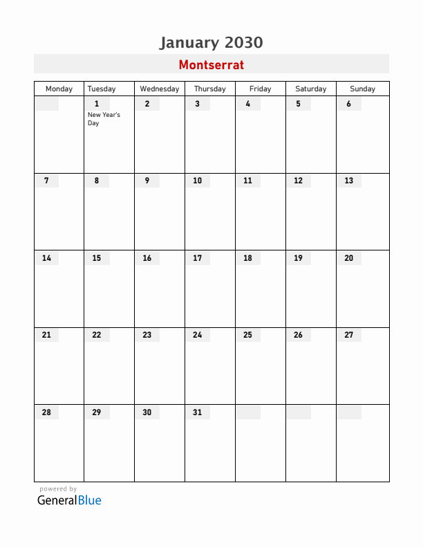 Montserrat January 2030 Calendar with Holidays