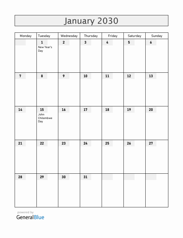 Malawi January 2030 Calendar with Holidays