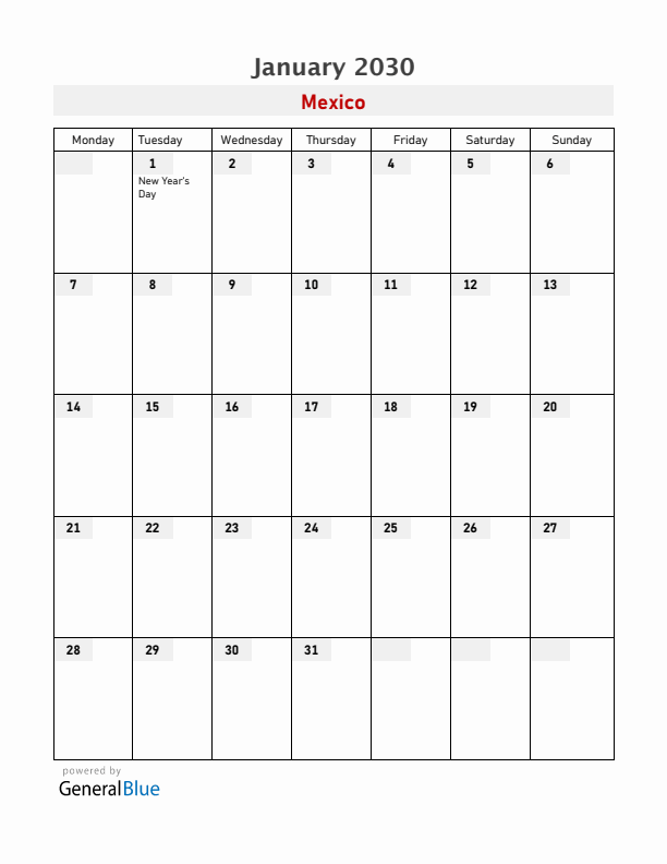Mexico January 2030 Calendar with Holidays