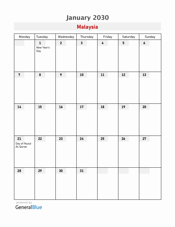 Malaysia January 2030 Calendar with Holidays